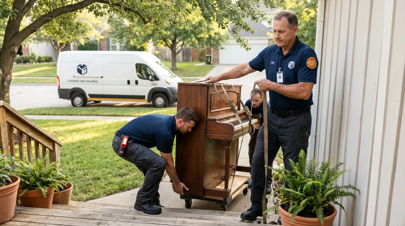 Licensed piano movers securing grand piano in Conestoga, PA