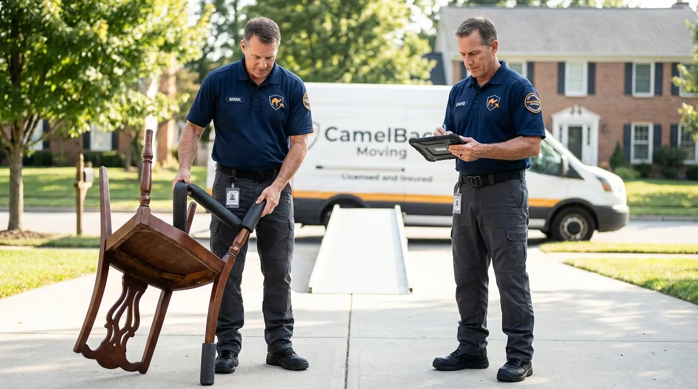 Movers inspecting furniture for damage prevention before loading in Conestoga, PA